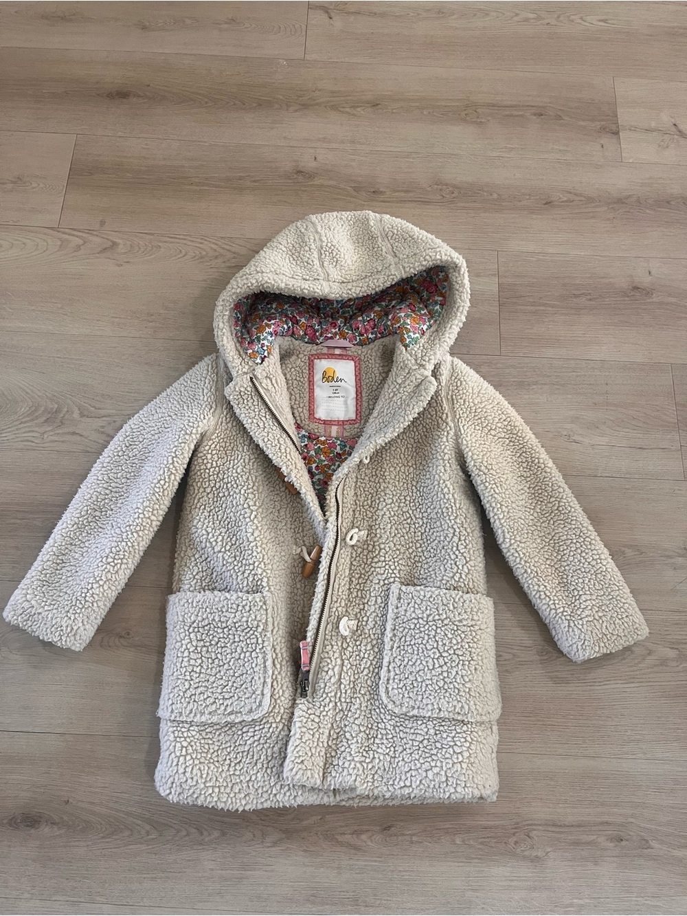 Mini Boden Cream Sherpa Hooded Puffer with Floral Lining